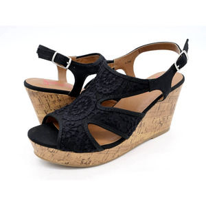 Jellypop Wedge Sandals Womens 9.5 Black Fabric Platform Cork Slingback Lisbon
